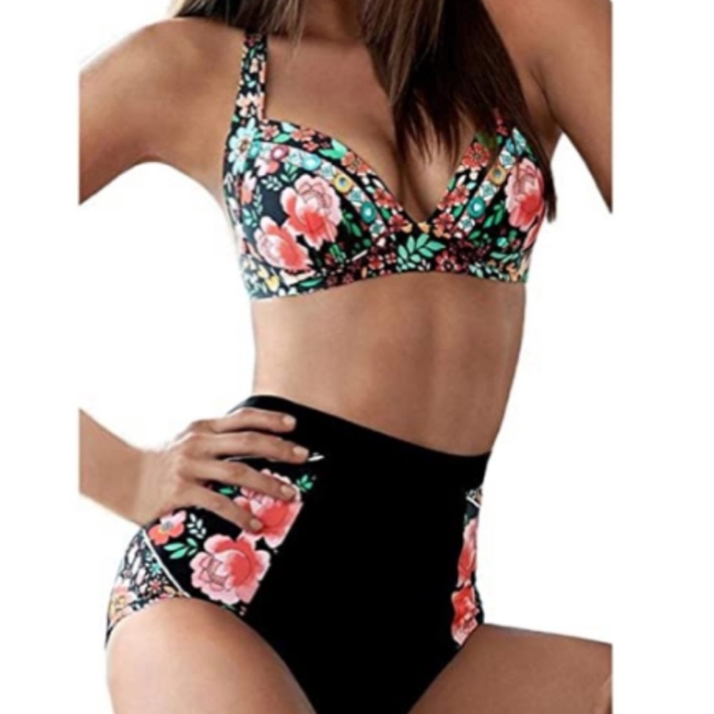 Floral S(8) Wrap Self Tie Floral Black High Waisted Bikini Set Soft Padded Cups